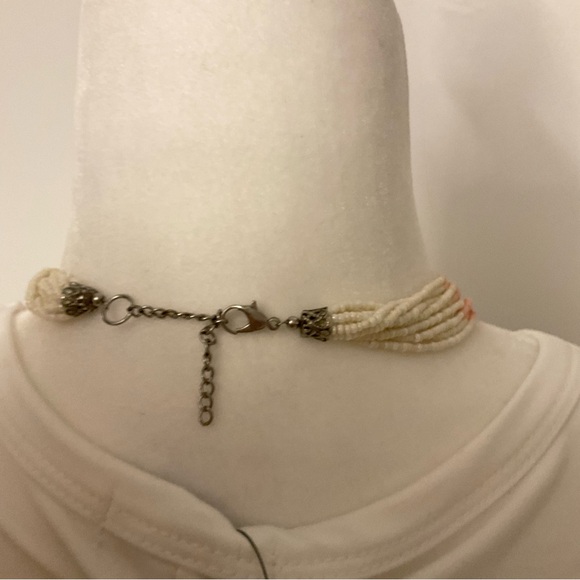 Chunky Statement Necklace Coral Cream Silver Adjustable Beaded Grandmacore Beach - Picture 3 of 3